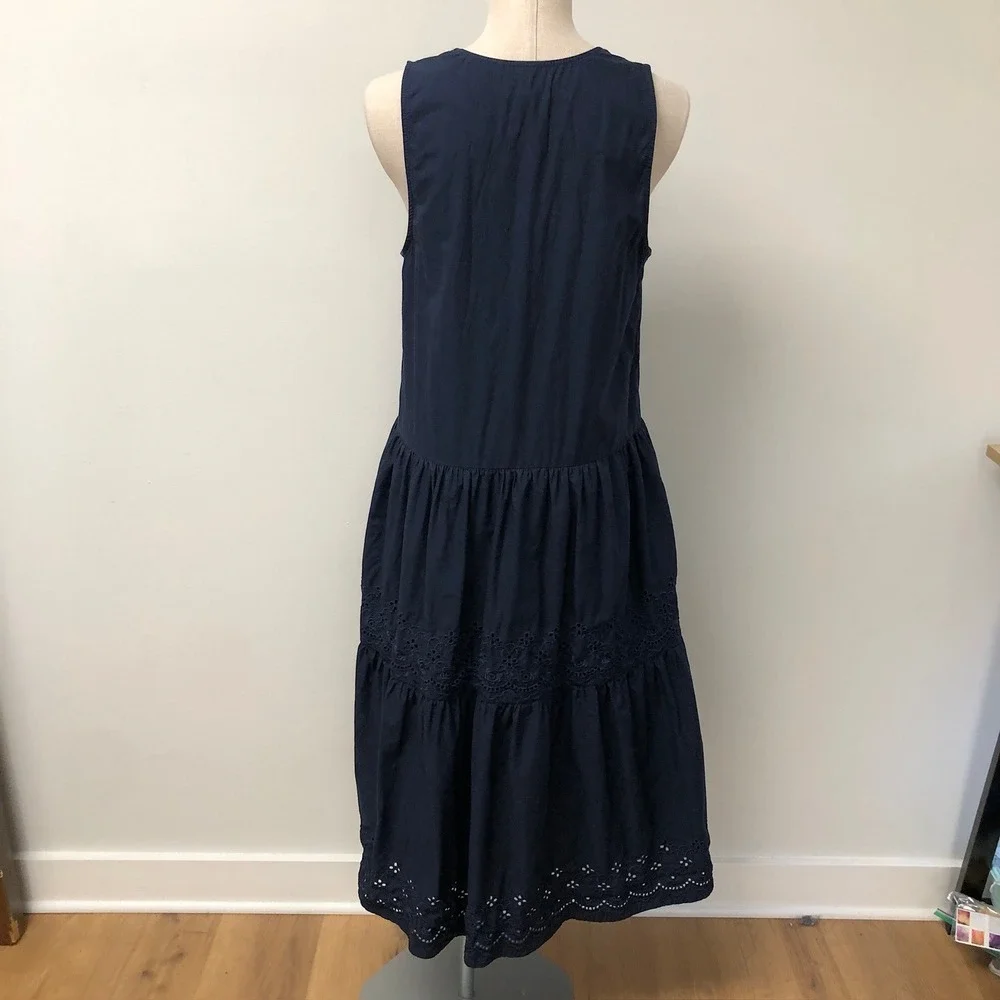 Treasure & Bond Dress Womens Medium Navy Blue Eyelet Tiered Midi V-Neck Boho